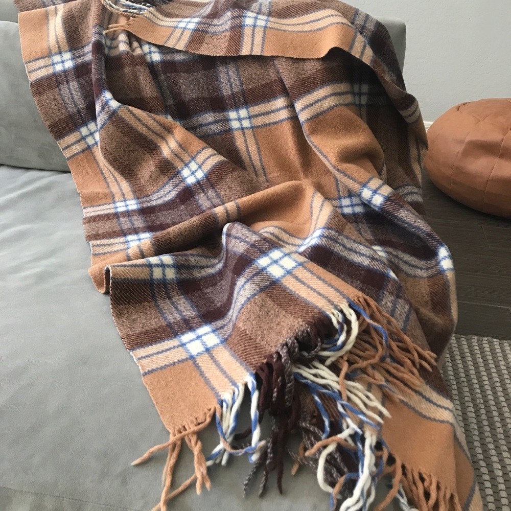 Vintage Jaeger London Tartan Check Plaid Wool Blanket Throw Brown Cream Blue